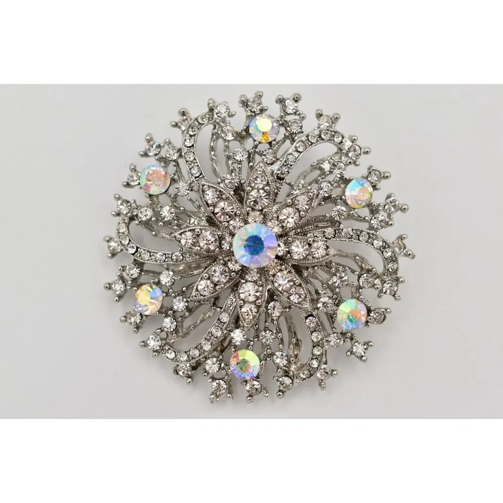 Vintage AB Aurora Borealis Rhinestone Flower Burst Brooch Pin Crystal Y2K A26